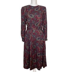 Vintage Lanz Women’s Maroon Floral Paisley Button Back Modest Midi Dress Size 8